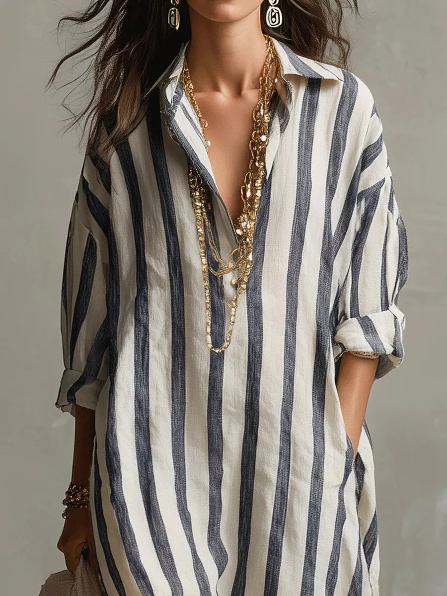 Robe chemise longue femme imprimé rayé col chemise manches longues coupe oversize