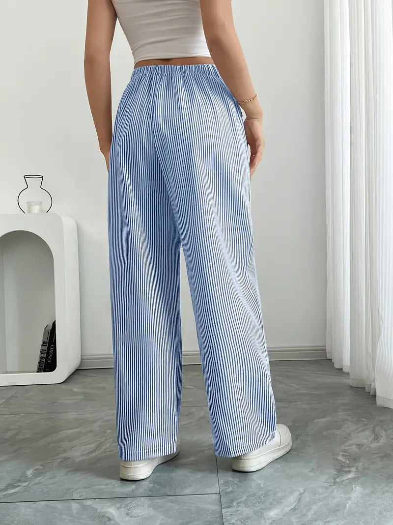 Pantalon large femme imprimé rayures taille élastique cordon poches fluide