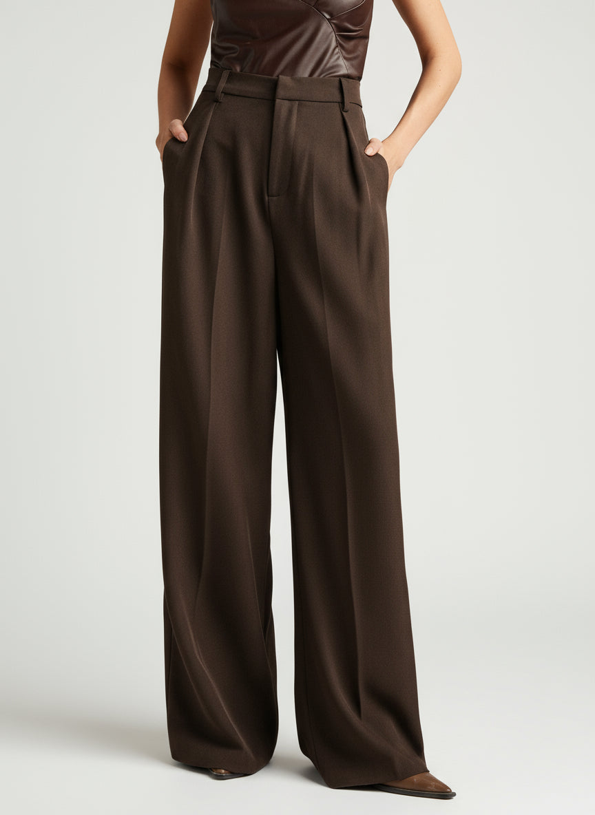 Pantalon large femme taille haute plis avant coupe fluide palazzo