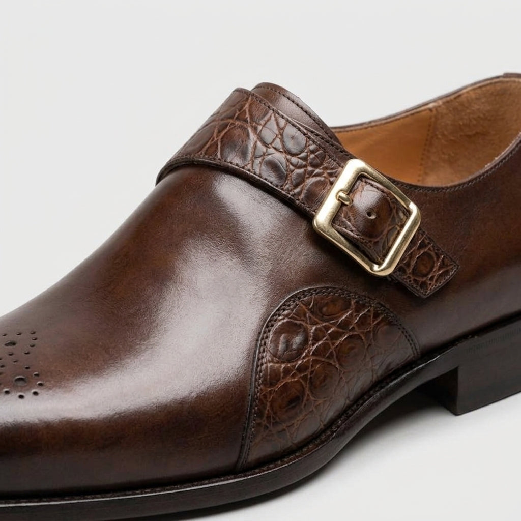 Chaussures habillées homme cuir boucle monk détail brogue effet crocodile