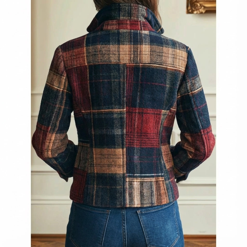 Veste femme carreaux boutonnée coupe cintrée col tailleur style casual chic