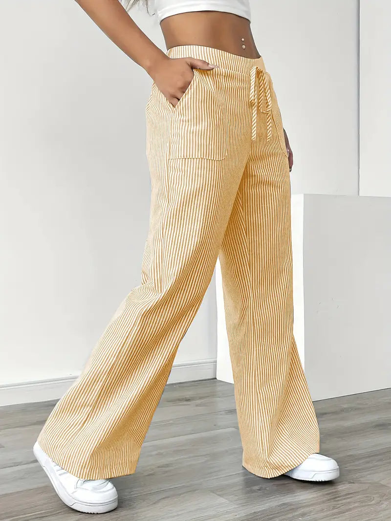 Pantalon large femme imprimé rayures taille élastique cordon poches fluide