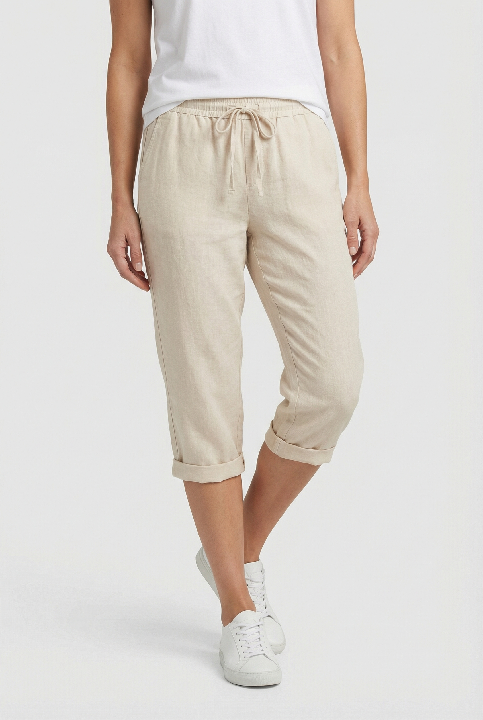 Pantacourt femme en lin taille élastique cordon de serrage poches coupe ample