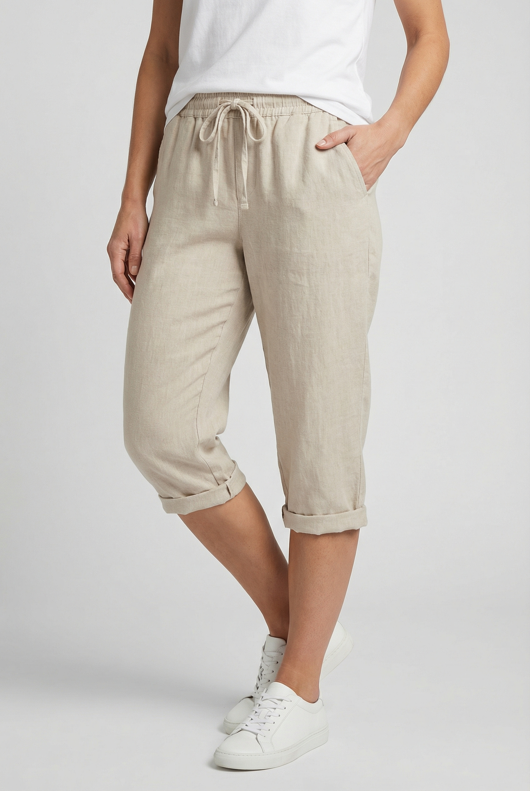 Pantacourt femme en lin taille élastique cordon de serrage poches coupe ample