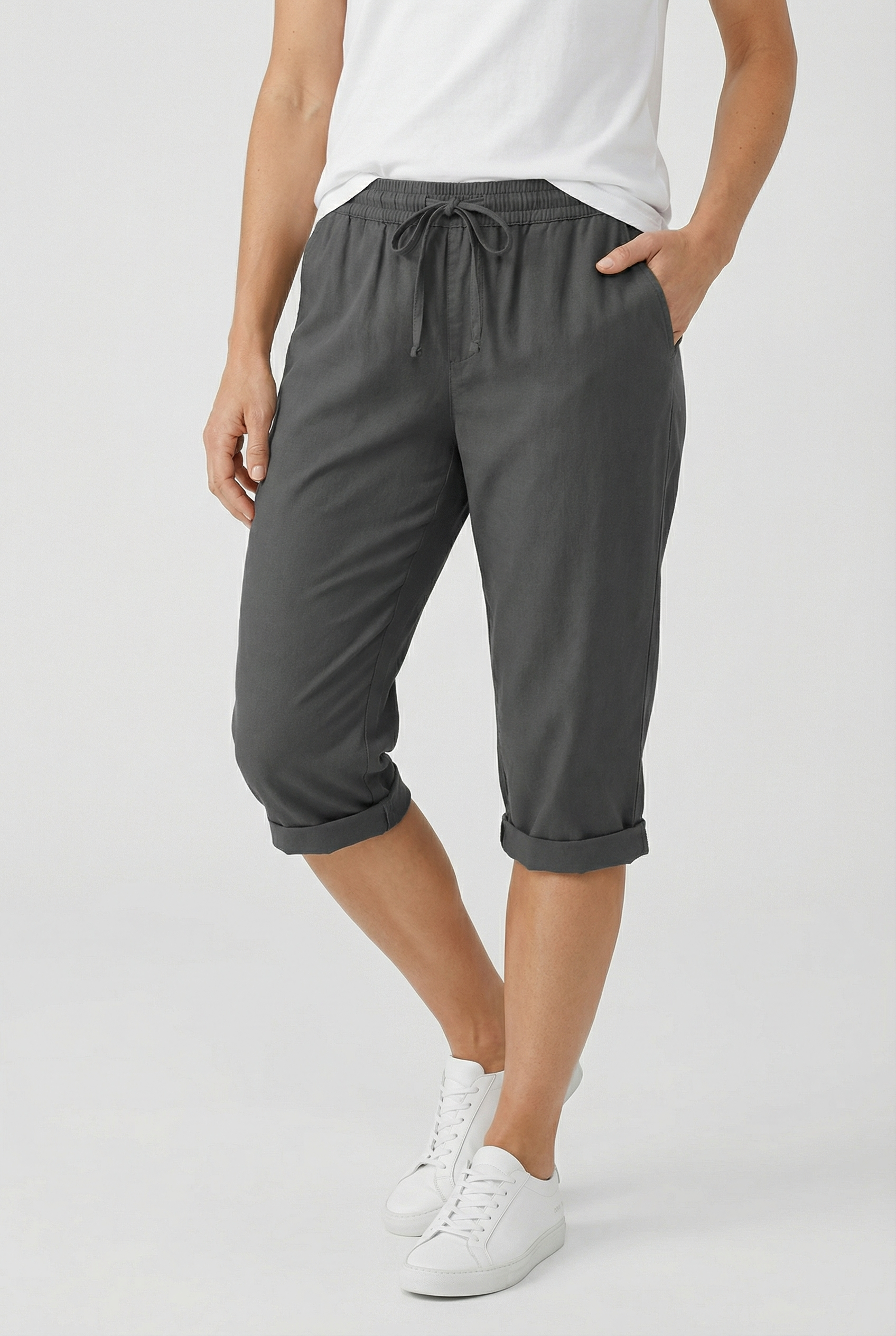 Pantacourt femme en lin taille élastique cordon de serrage poches coupe ample