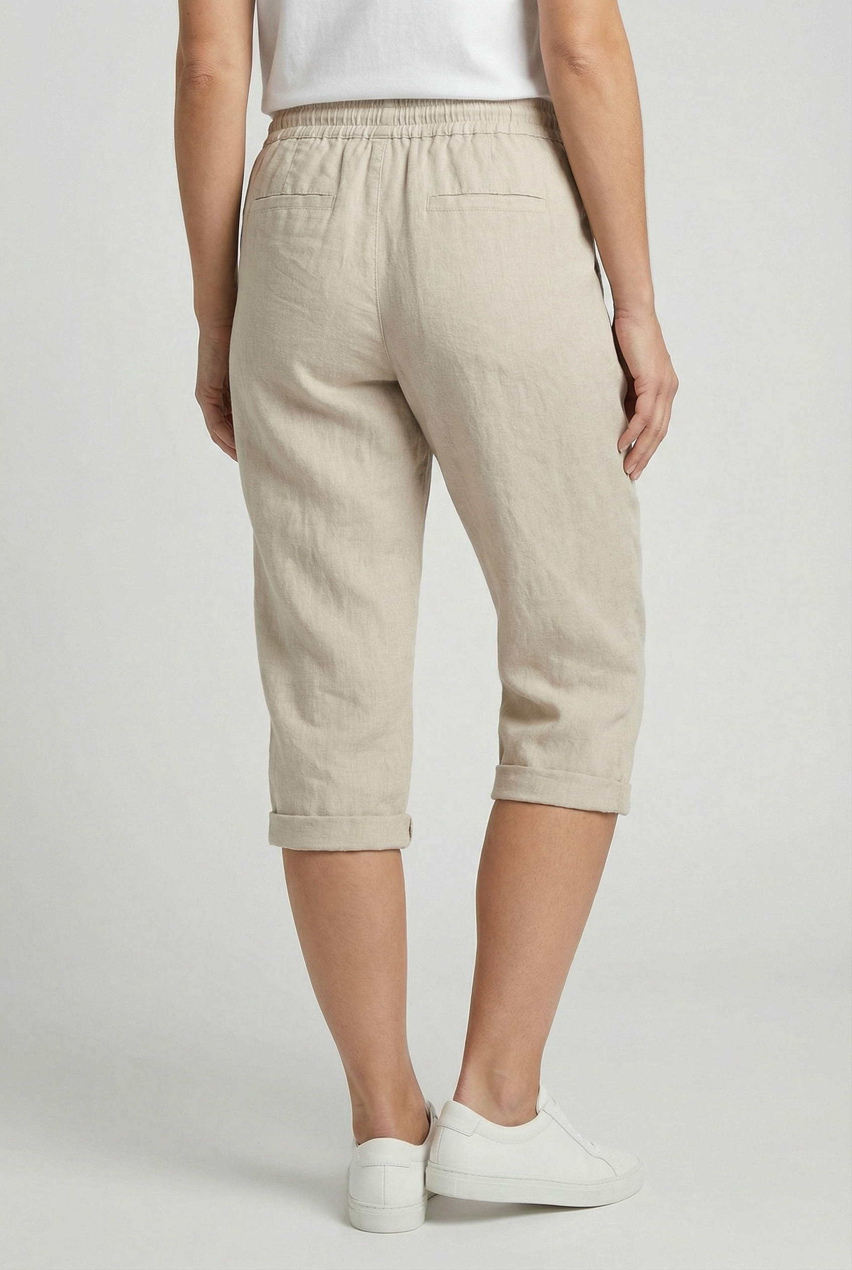 Pantacourt femme en lin taille élastique cordon de serrage poches coupe ample