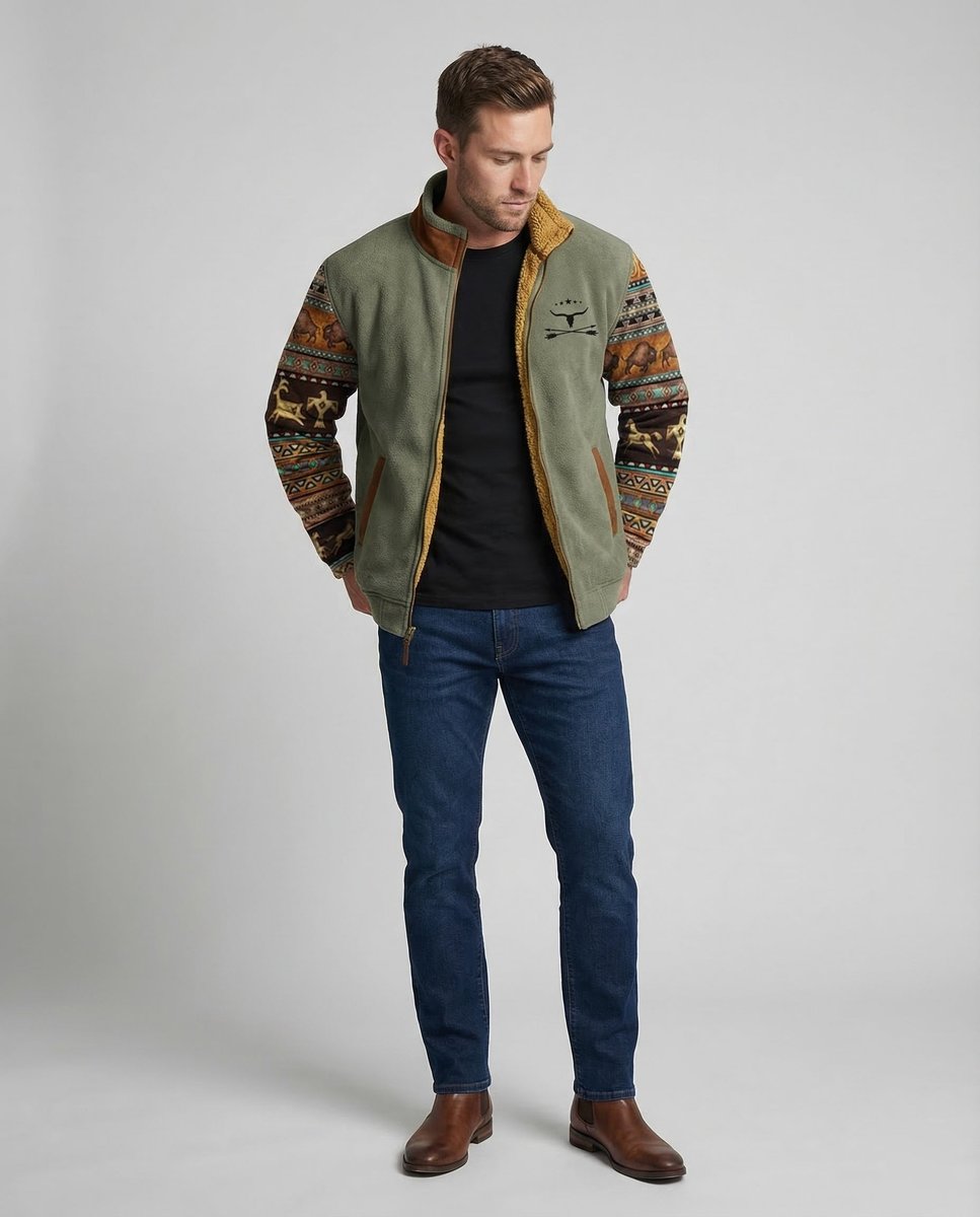 Veste polaire homme doublée sherpa zippée imprimé aztec col montant
