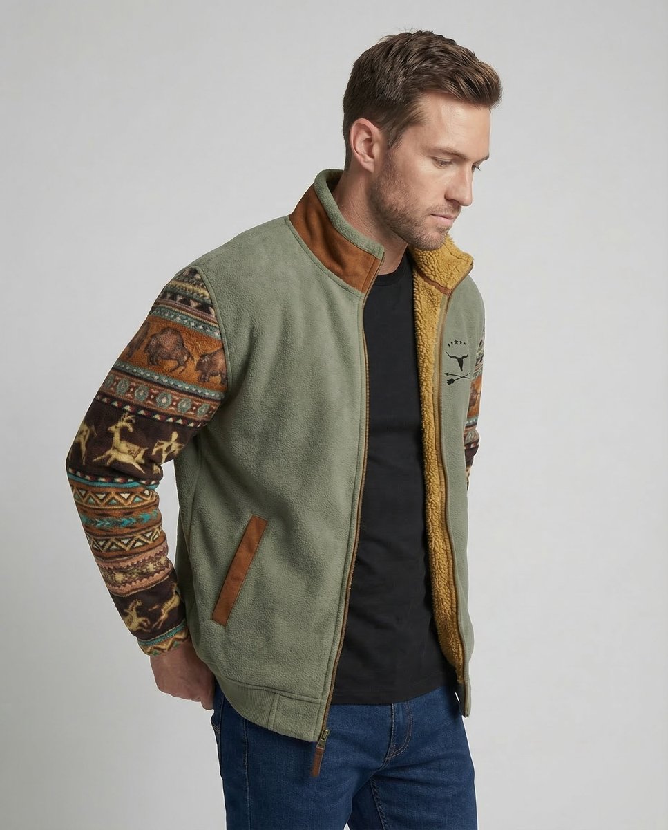 Veste polaire homme doublée sherpa zippée imprimé aztec col montant