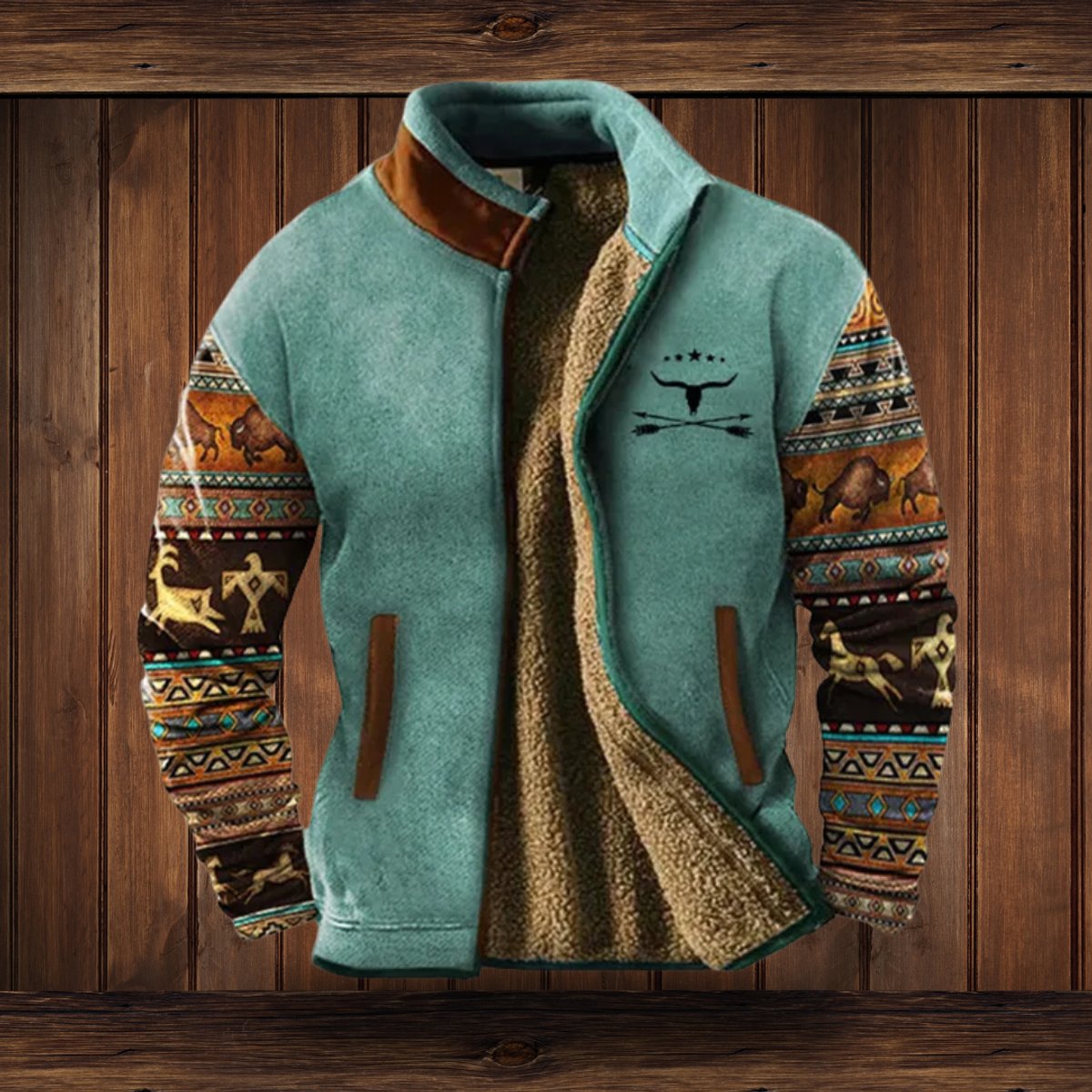 Veste polaire homme doublée sherpa zippée imprimé aztec col montant