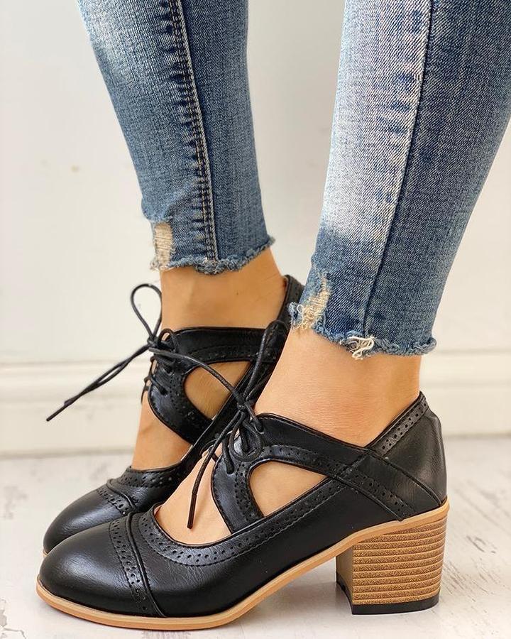 Escarpins femme talon bloc lacets bout rond vintage