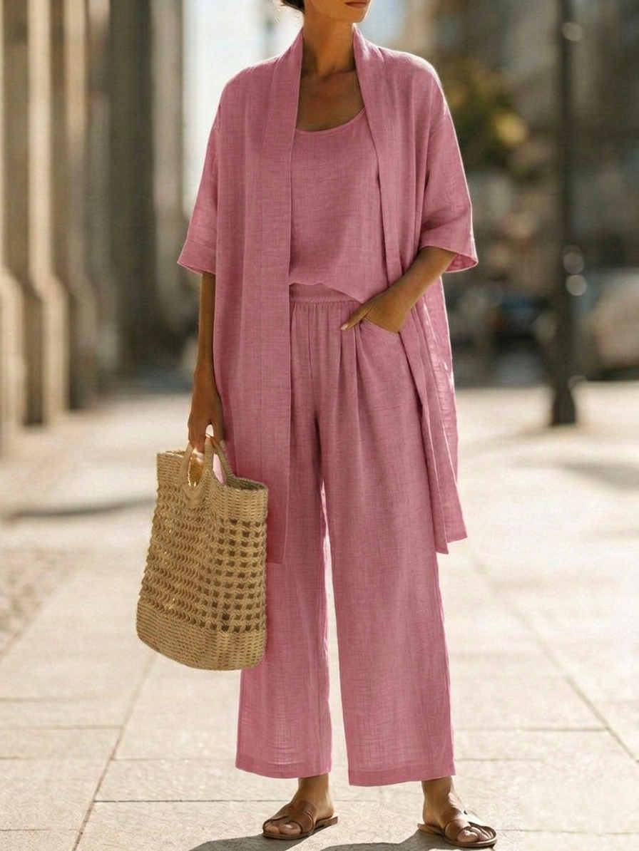 Ensemble femme 3 pièces lin coton pantalon large cardigan débardeur