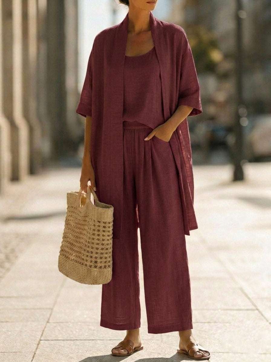 Ensemble femme 3 pièces lin coton pantalon large cardigan débardeur