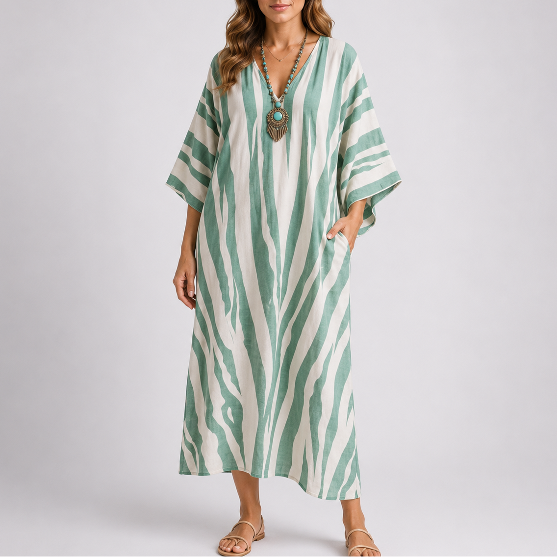 Robe kimono femme longue imprimé rayures col V manches amples poches