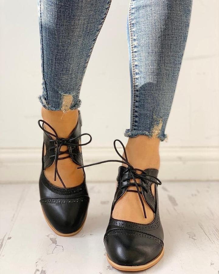 Escarpins femme talon bloc lacets bout rond vintage