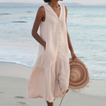 Robe midi femme en lin sans manches boutonnée volant bas coupe ample