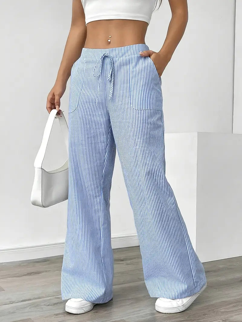 Pantalon large femme imprimé rayures taille élastique cordon poches fluide