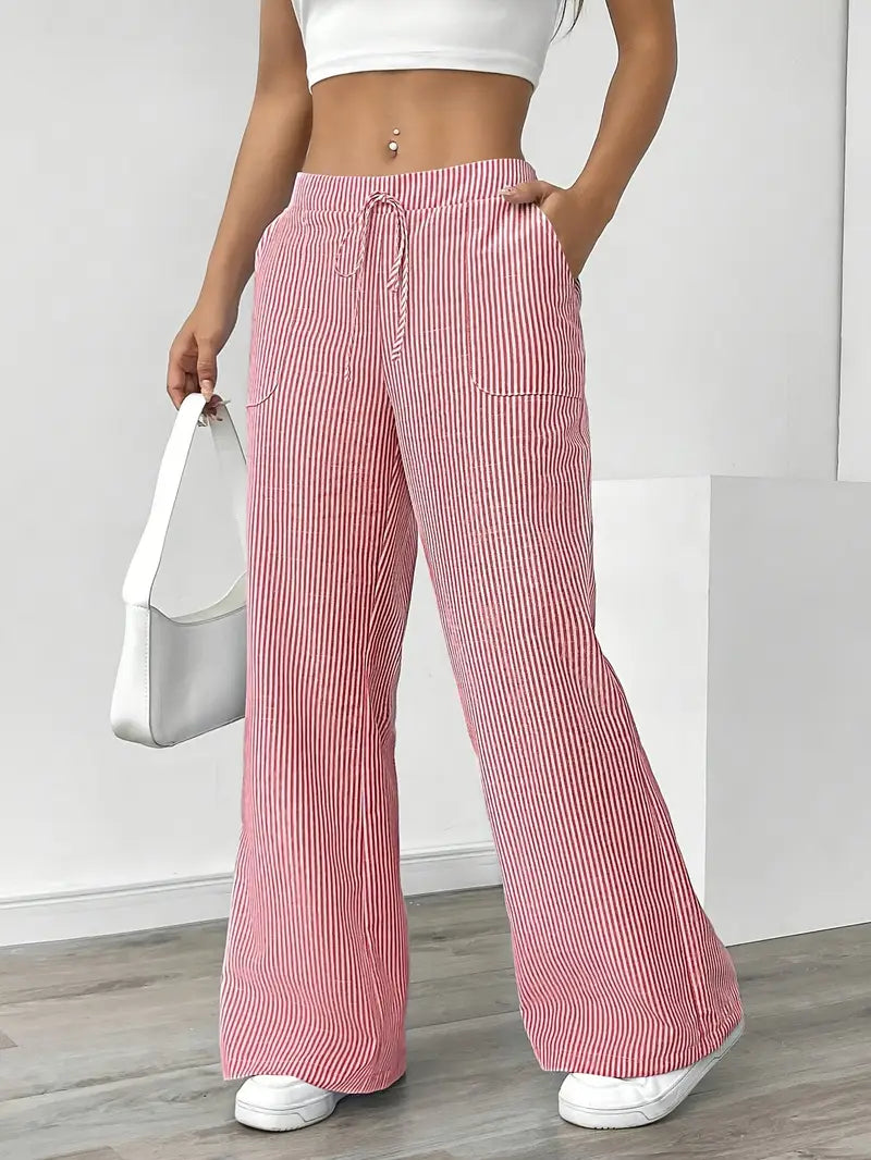 Pantalon large femme imprimé rayures taille élastique cordon poches fluide