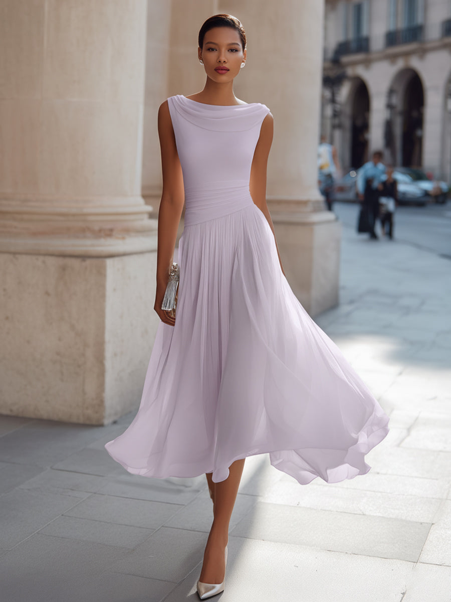 Robe midi invitée mariage plissée col drapé sans manches