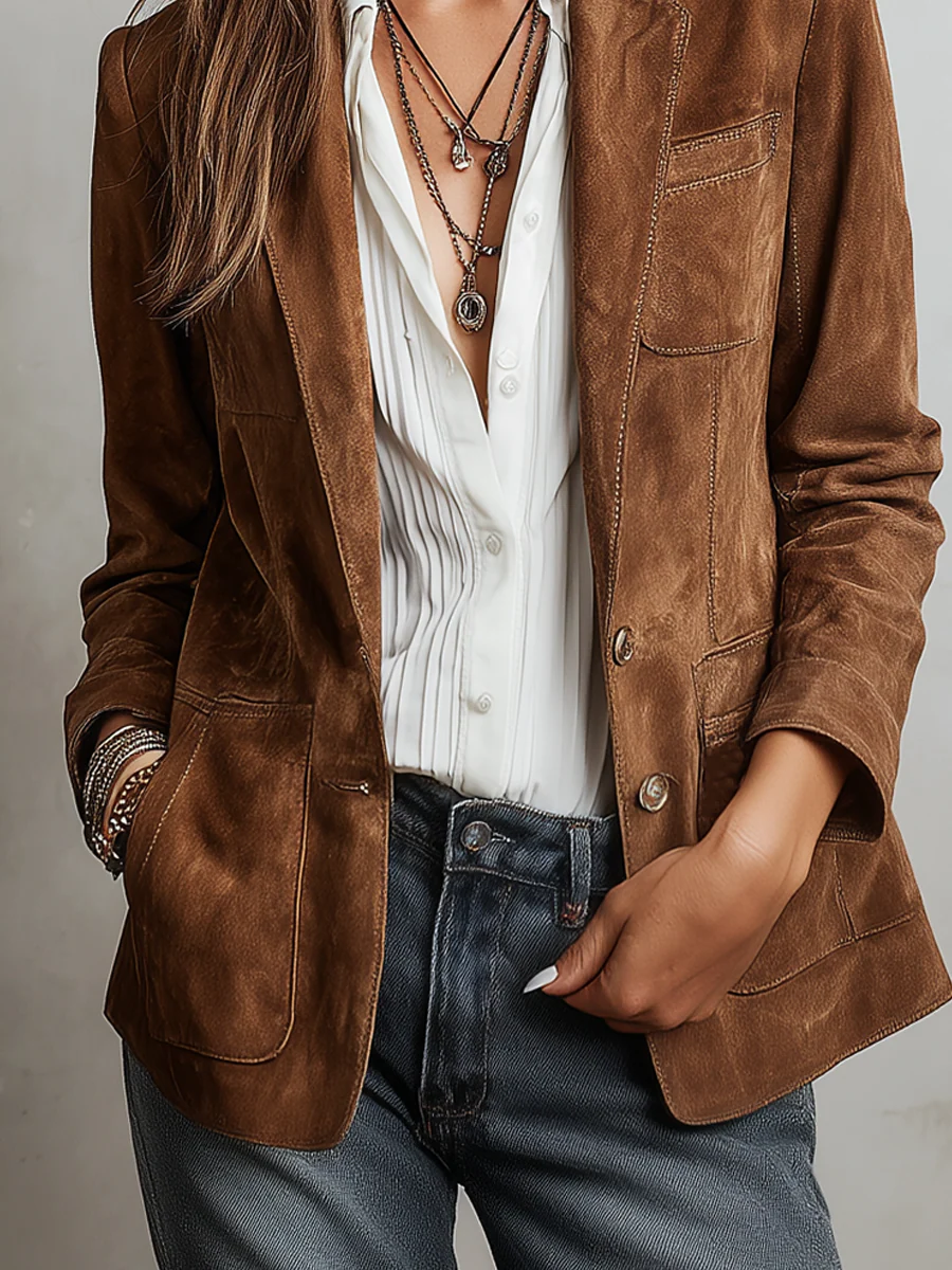 Blazer femme effet daim coupe cintrée boutons col tailleur