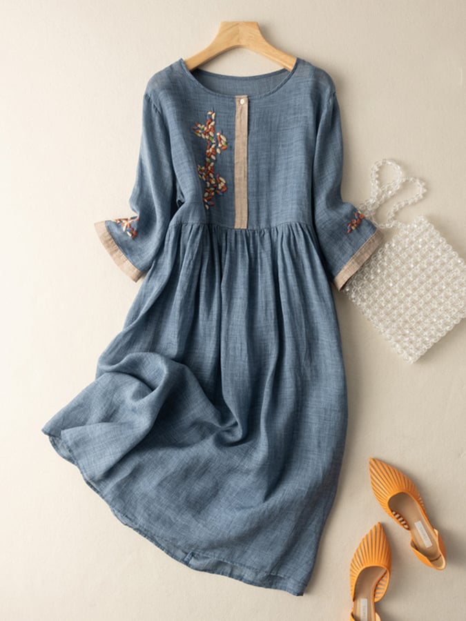 Robe midi femme coton lin brodée col rond manches 3/4 coupe ample