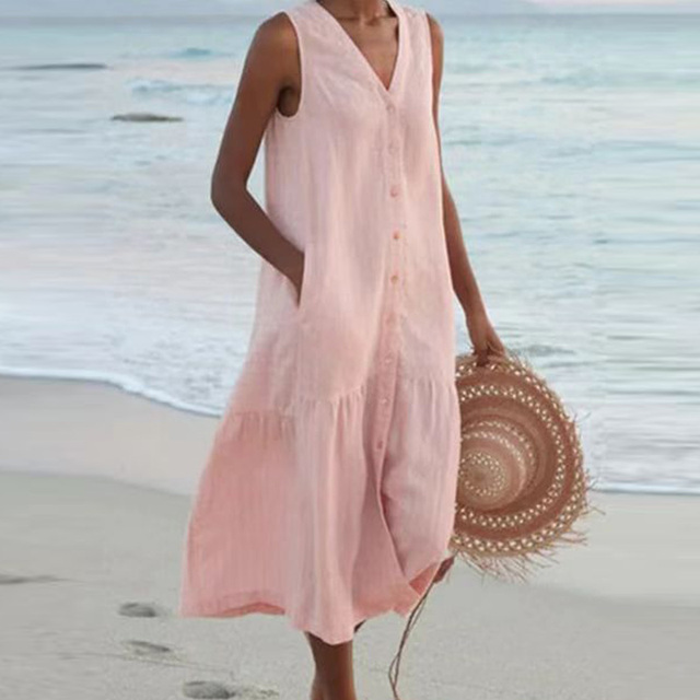 Robe midi femme en lin sans manches boutonnée volant bas coupe ample