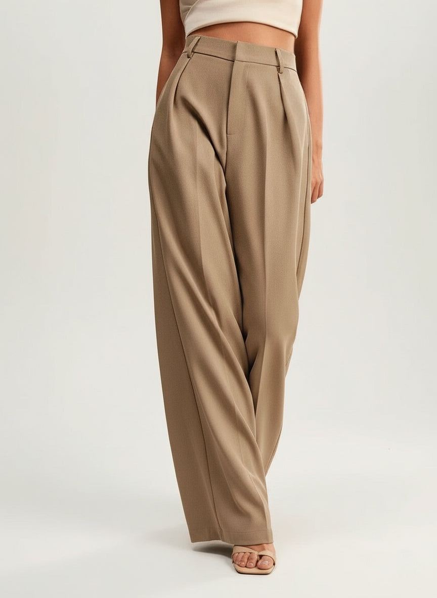 Pantalon large femme taille haute plis avant coupe fluide palazzo