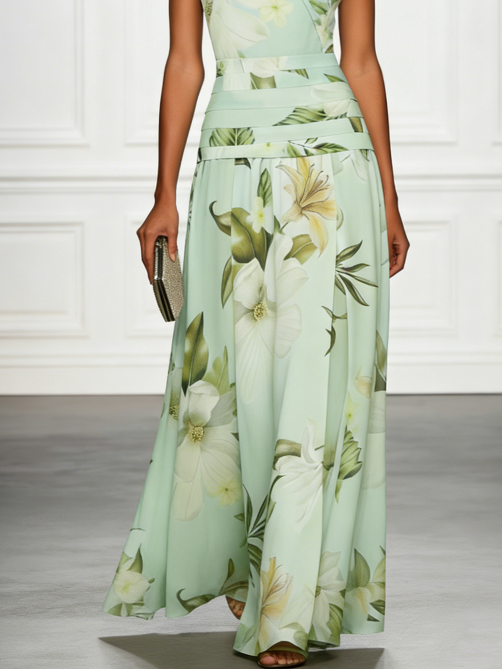 Robe longue fleurie invitée mariage col bateau sans manches