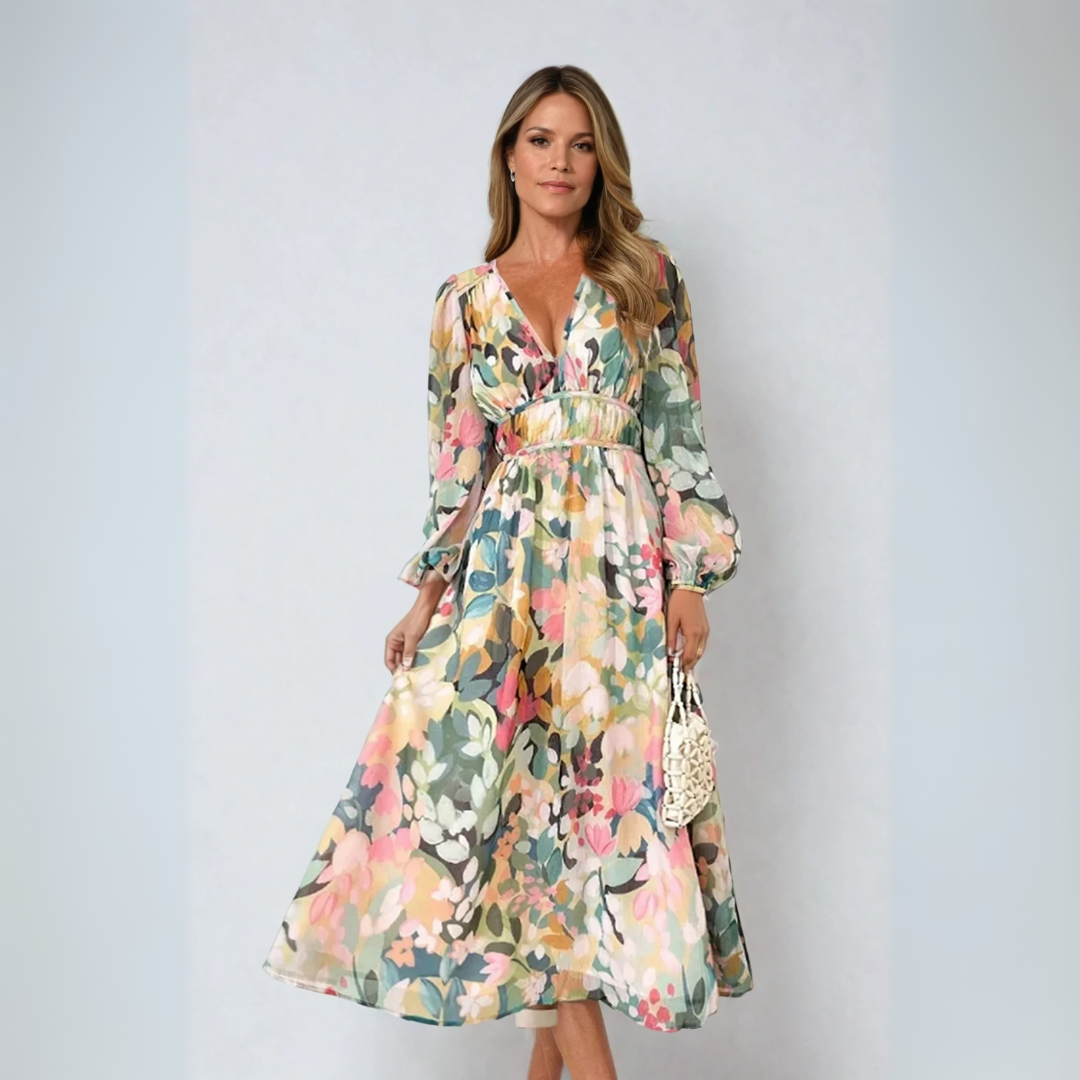 Robe bohème longue femme imprimé floral col V manches longues taille empire