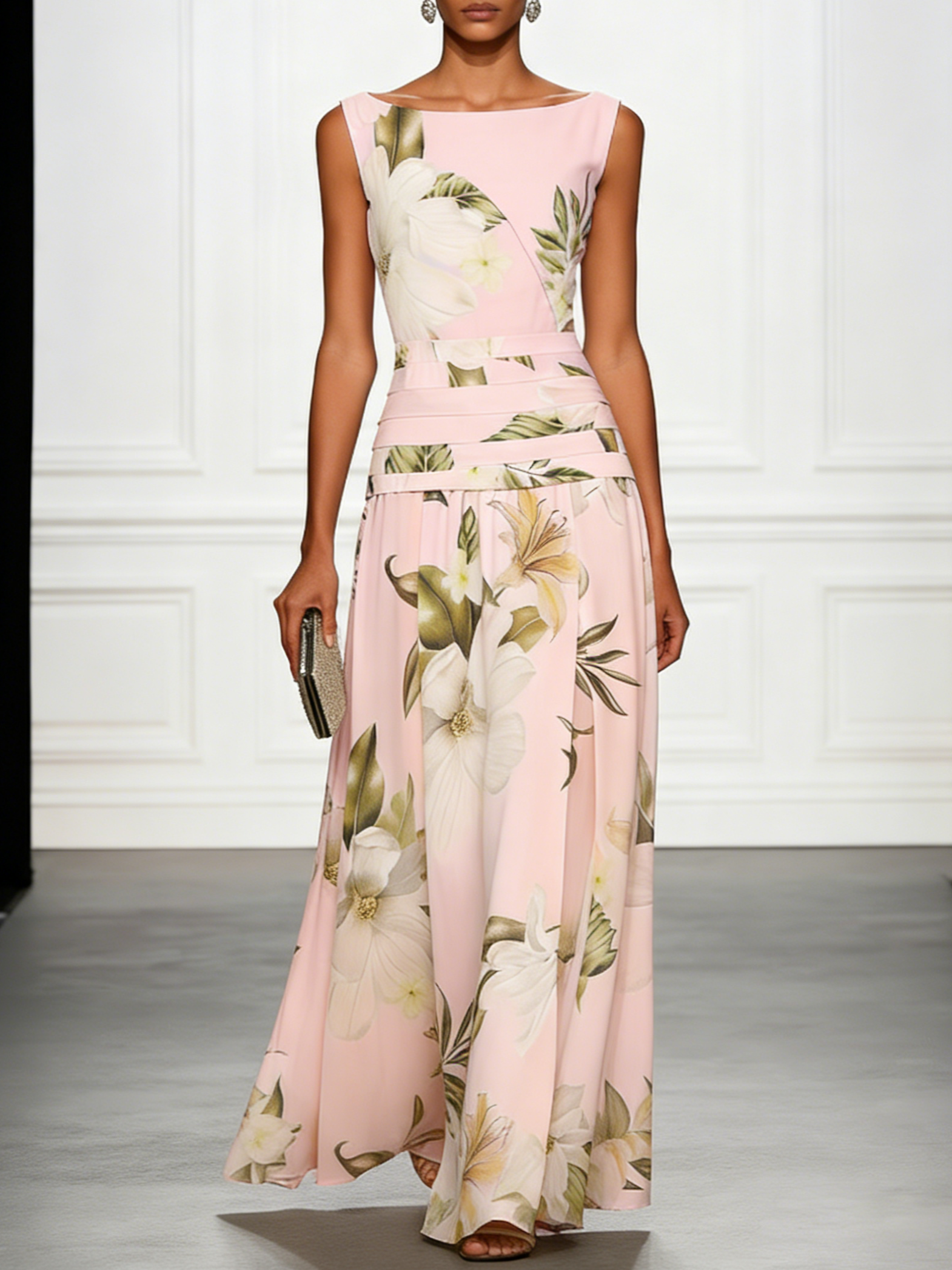 Robe longue fleurie invitée mariage col bateau sans manches