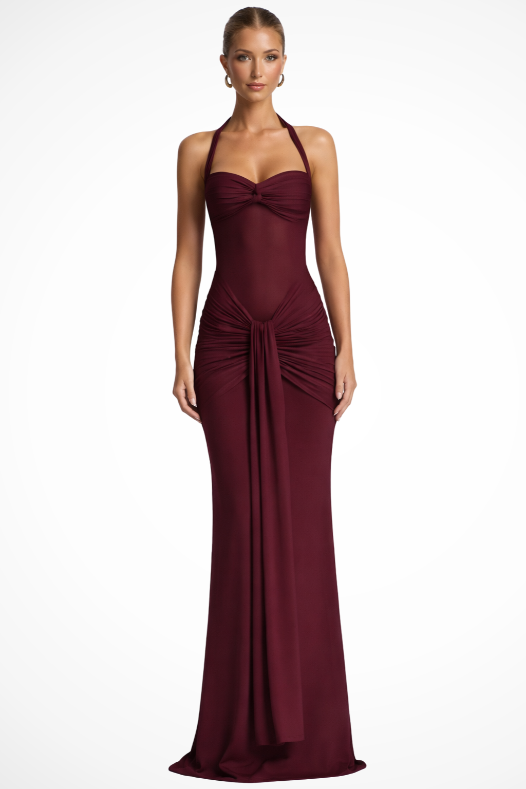Robe longue femme col halter drapée coupe moulante invitée mariage