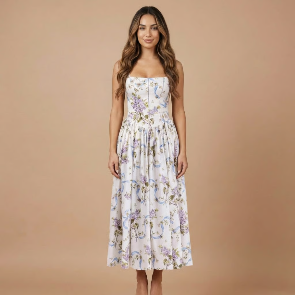 Robe midi invitée mariage à fleurs col carré sans manches coupe évasée