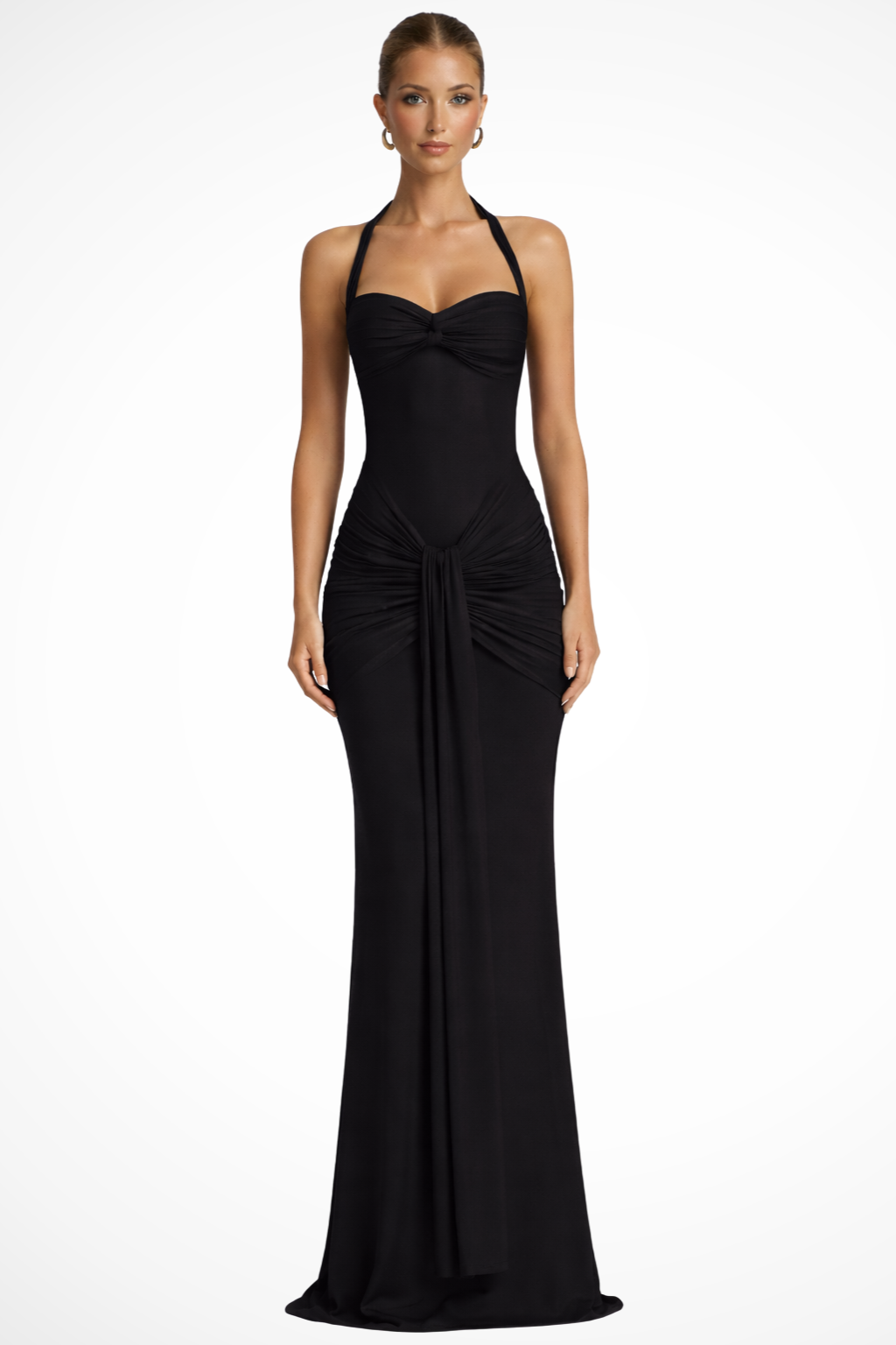 Robe longue femme col halter drapée coupe moulante invitée mariage