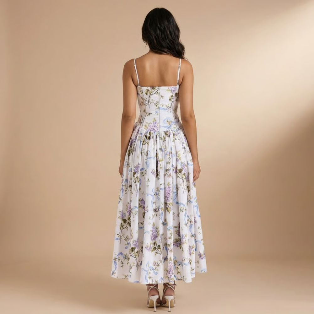 Robe midi invitée mariage à fleurs col carré sans manches coupe évasée