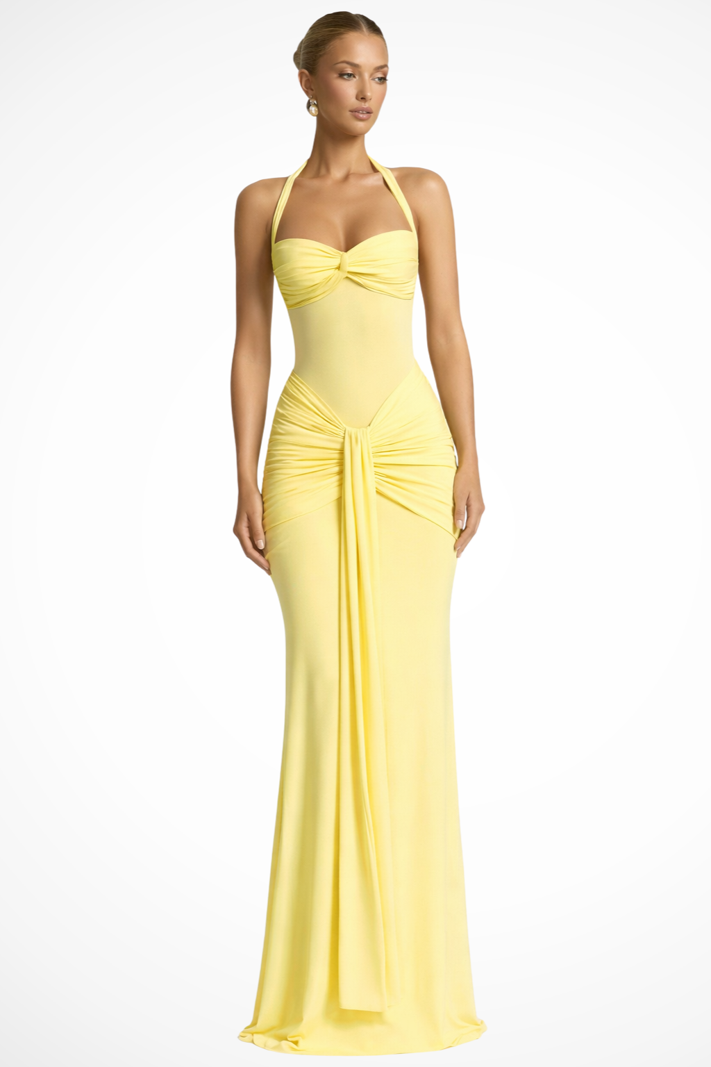 Robe longue femme col halter drapée coupe moulante invitée mariage