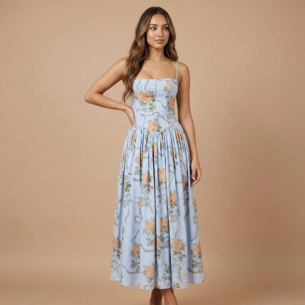 Robe midi invitée mariage à fleurs col carré sans manches coupe évasée