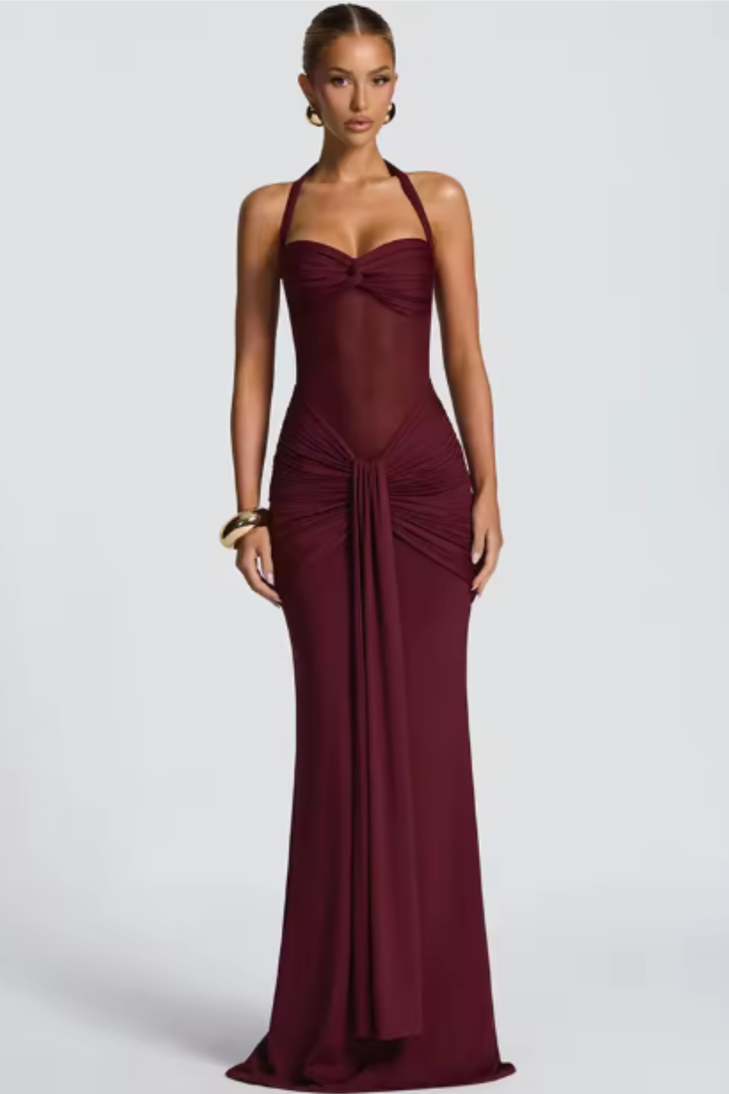 Robe longue femme col halter drapée coupe moulante invitée mariage