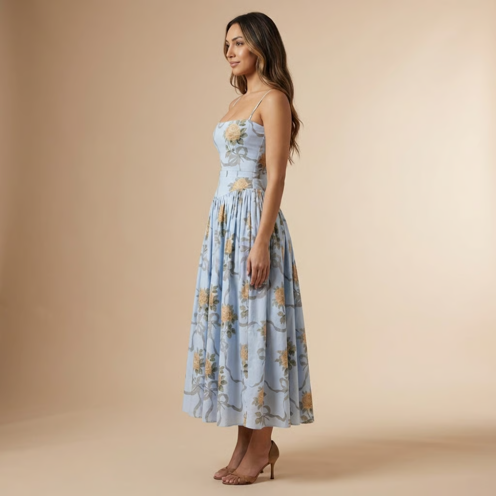 Robe midi invitée mariage à fleurs col carré sans manches coupe évasée