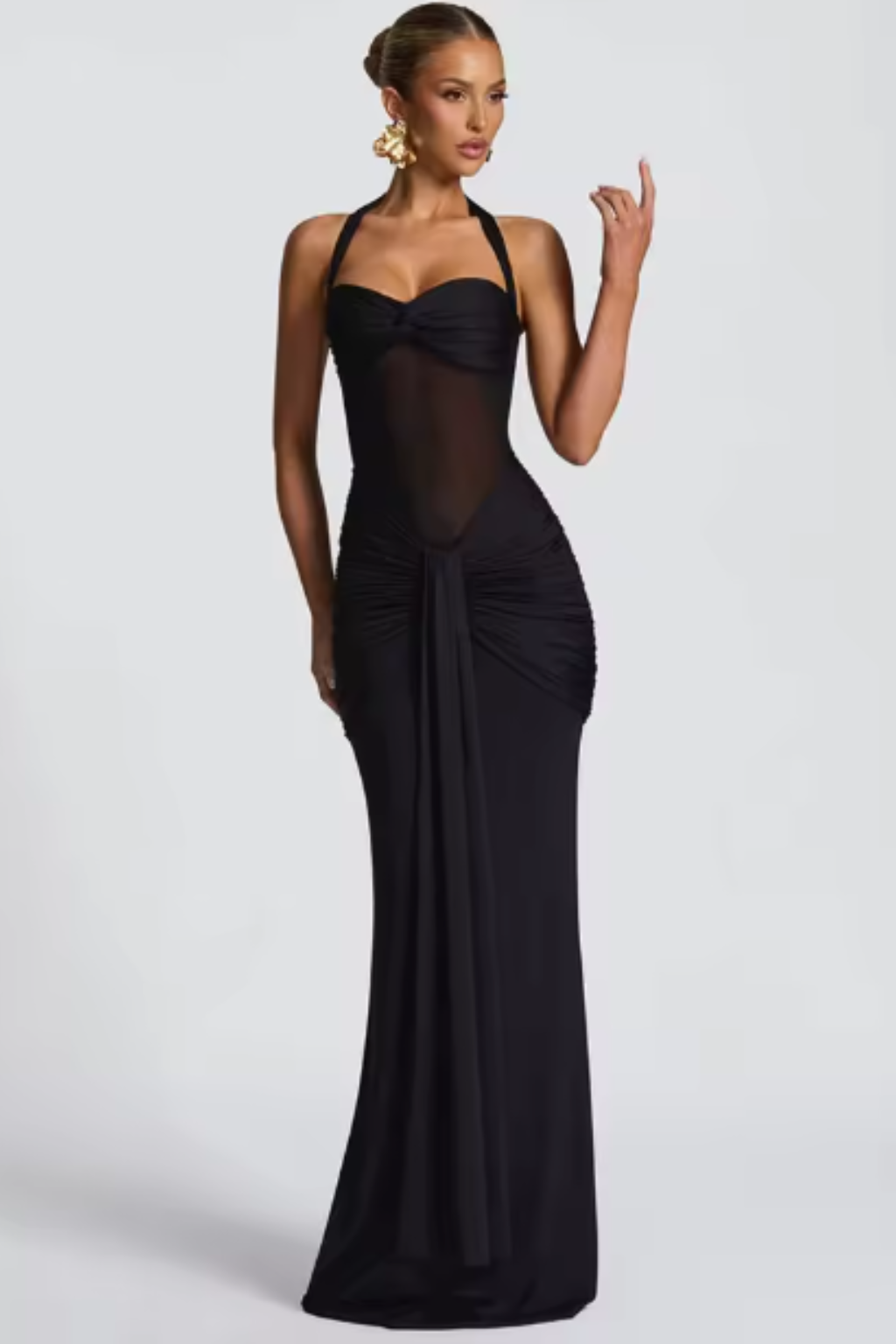 Robe longue femme col halter drapée coupe moulante invitée mariage