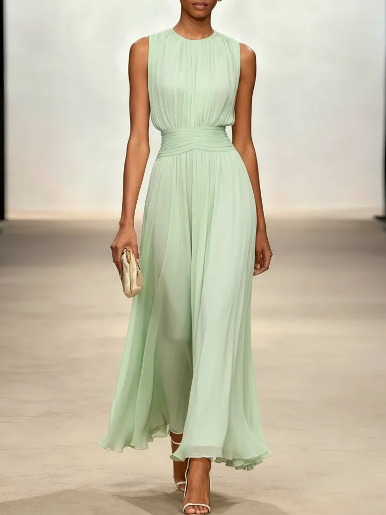Robe longue mousseline sans manches col rond invitée mariage