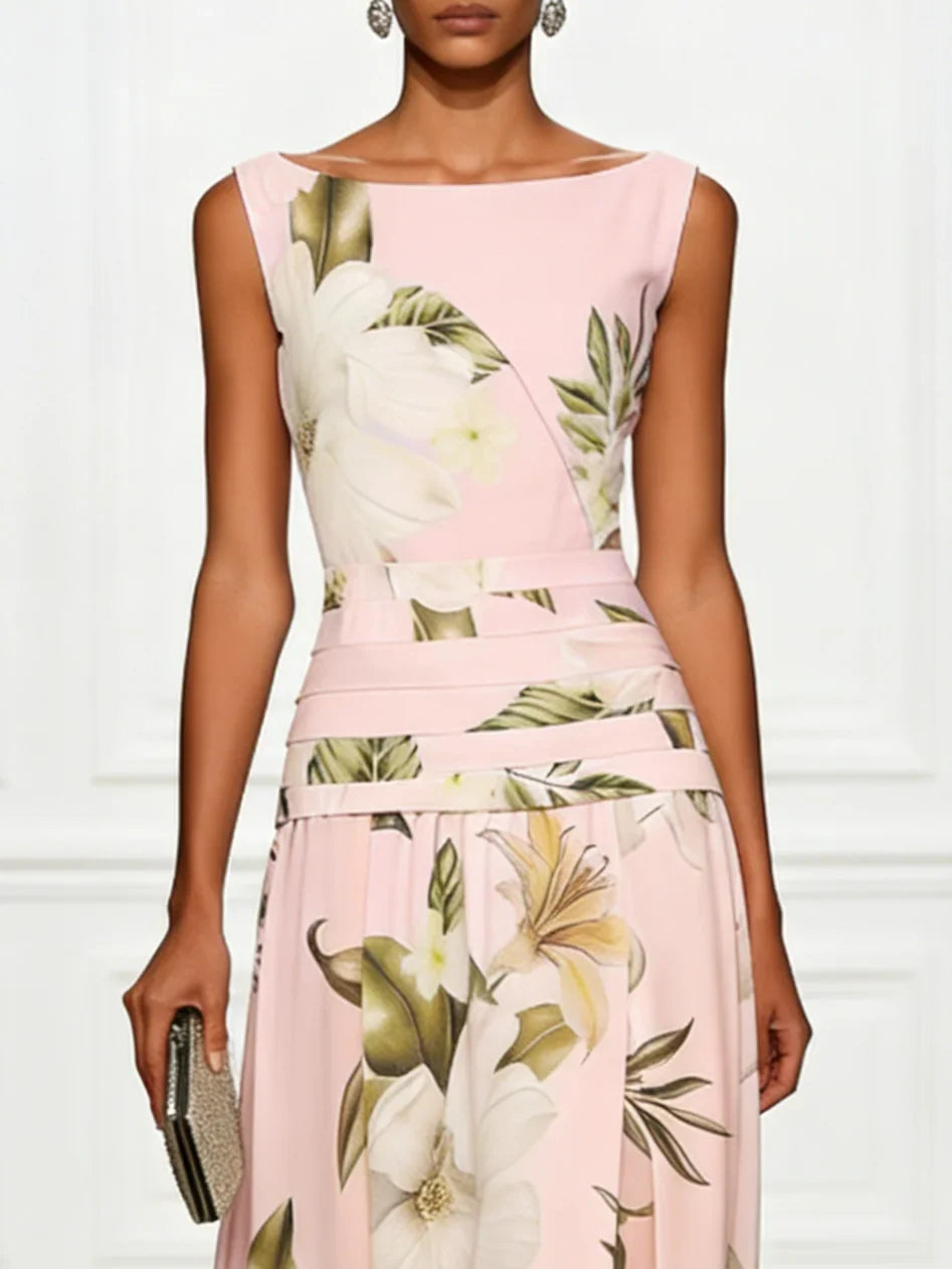 Robe longue fleurie invitée mariage col bateau sans manches
