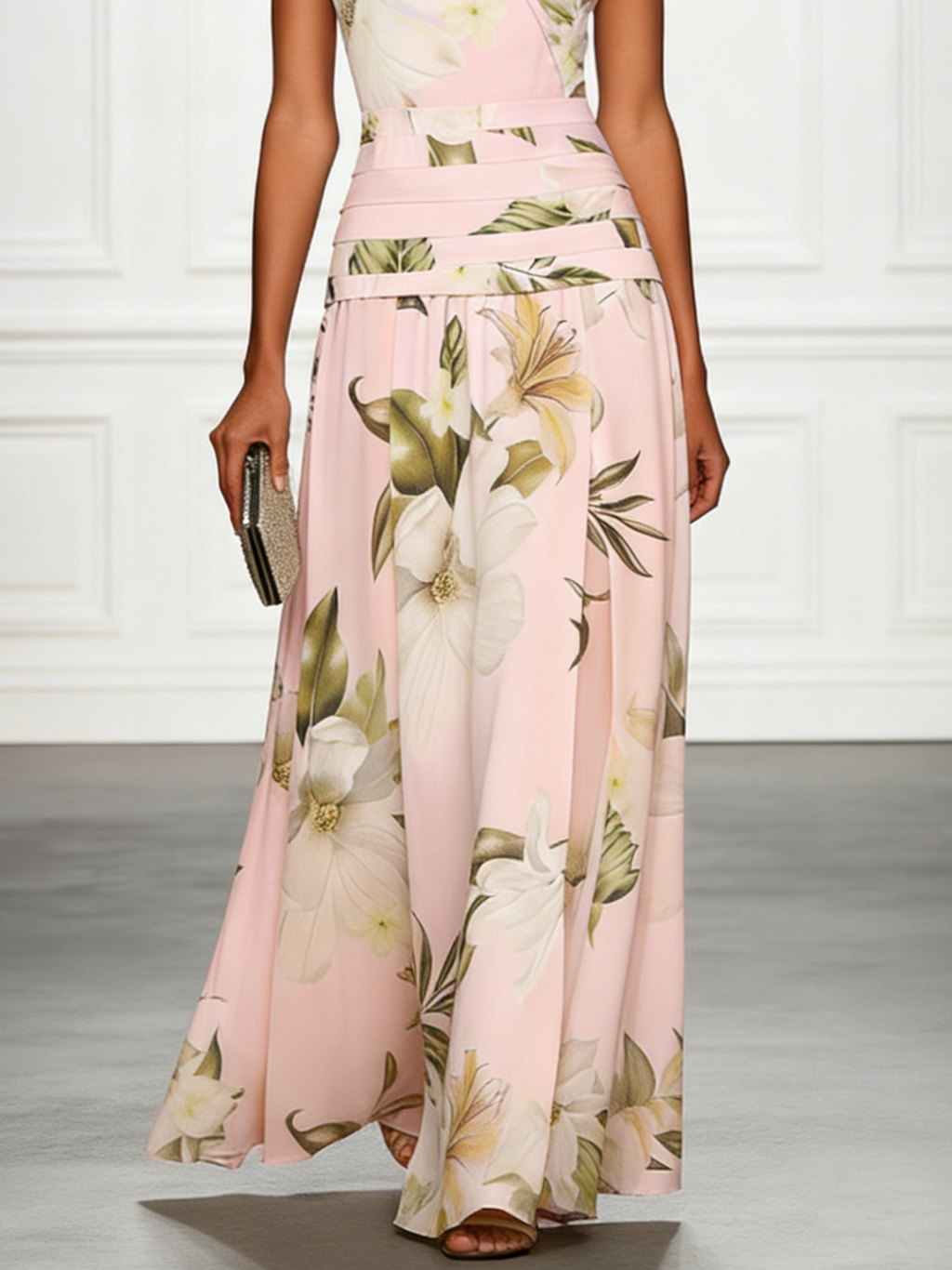Robe longue fleurie invitée mariage col bateau sans manches