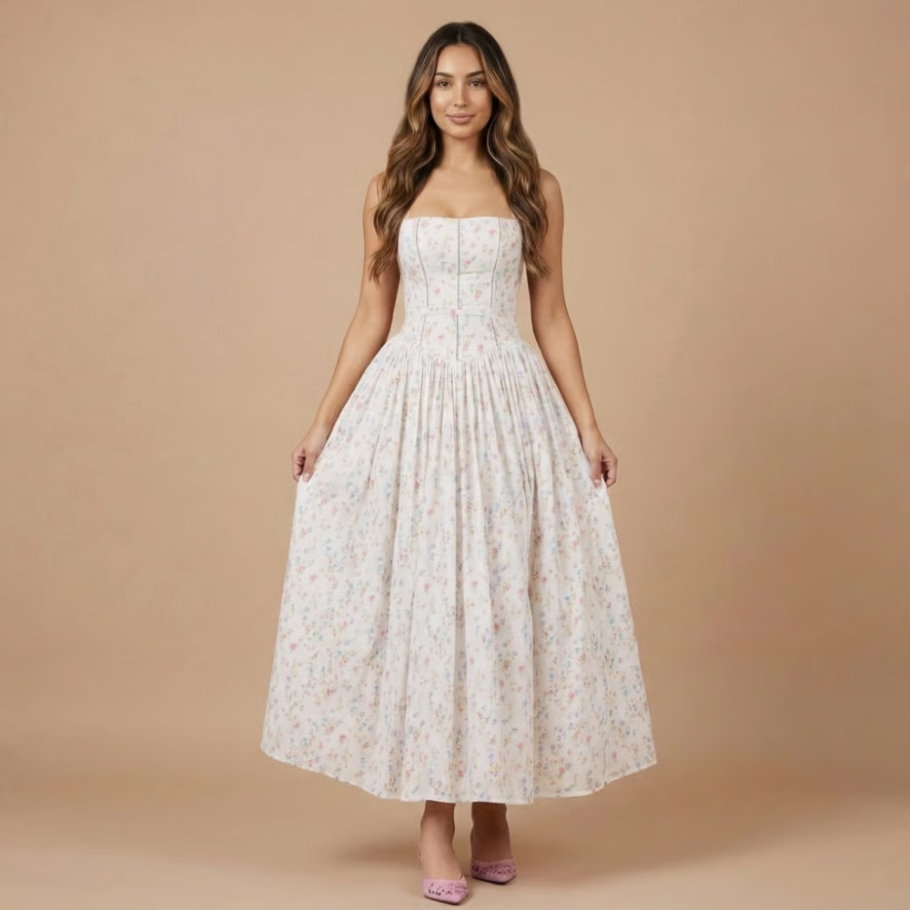 Robe midi invitée mariage à fleurs col carré sans manches coupe évasée