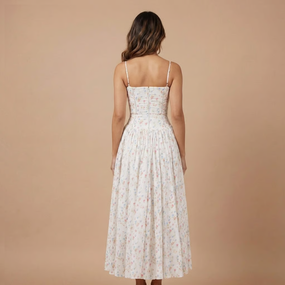 Robe midi invitée mariage à fleurs col carré sans manches coupe évasée