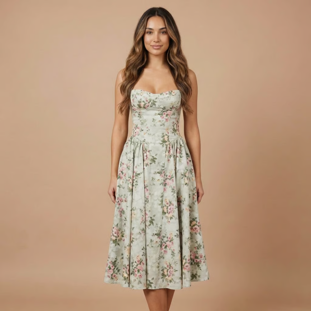 Robe midi invitée mariage à fleurs col carré sans manches coupe évasée