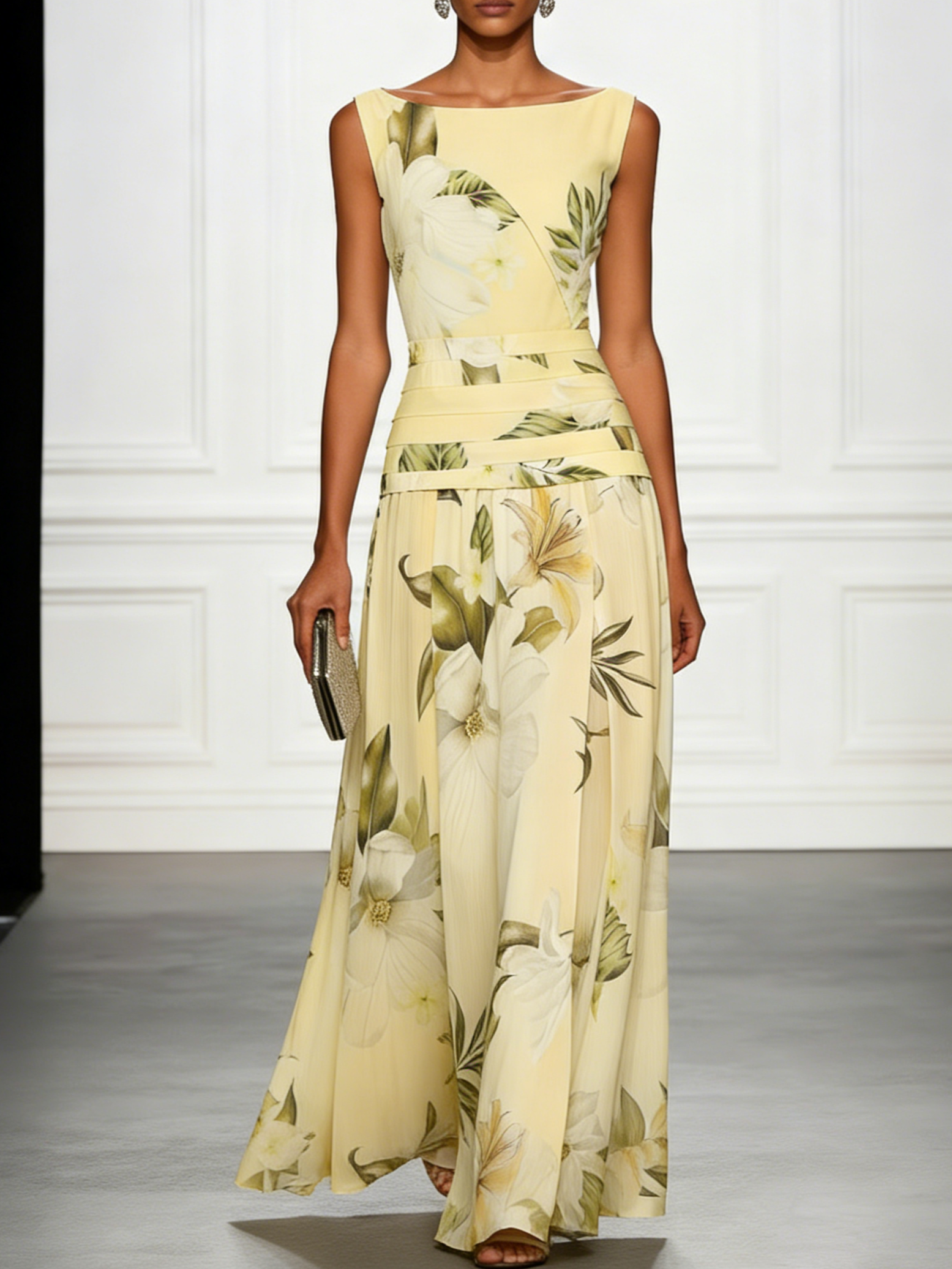 Robe longue fleurie invitée mariage col bateau sans manches