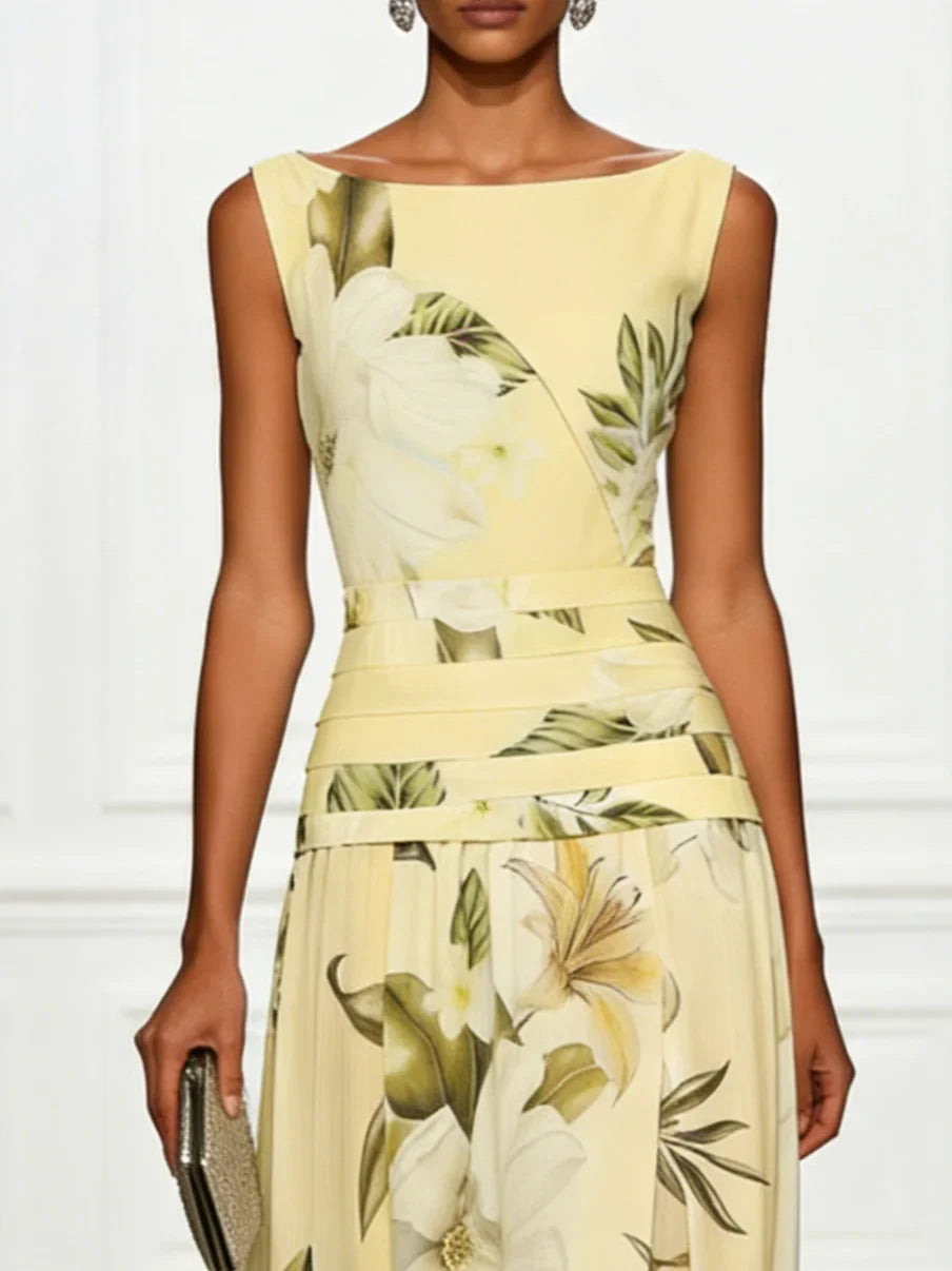 Robe longue fleurie invitée mariage col bateau sans manches
