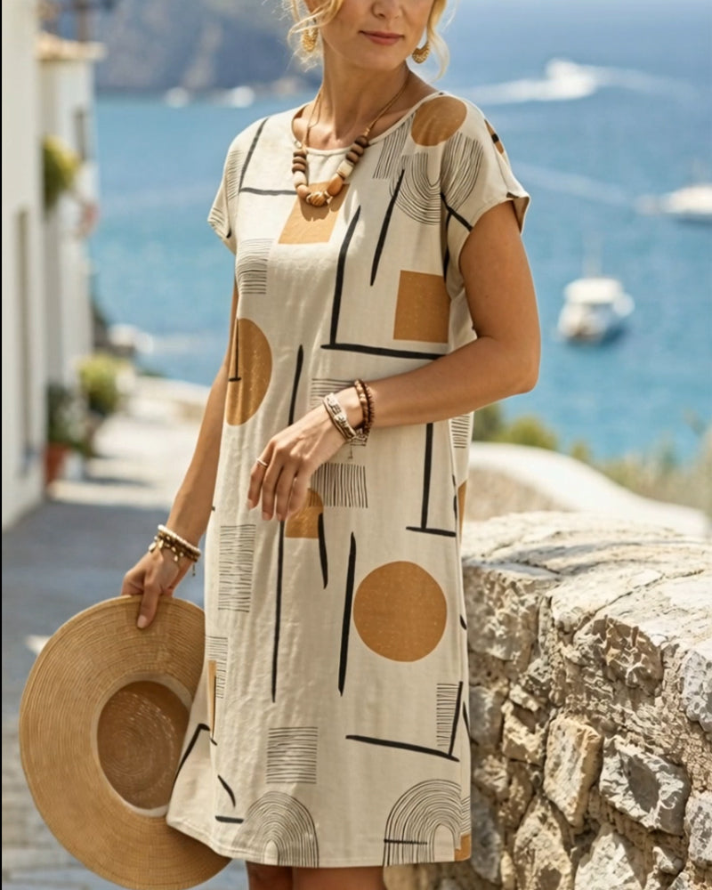 Robe femme imprimé géométrique col rond manches courtes coupe droite fluide
