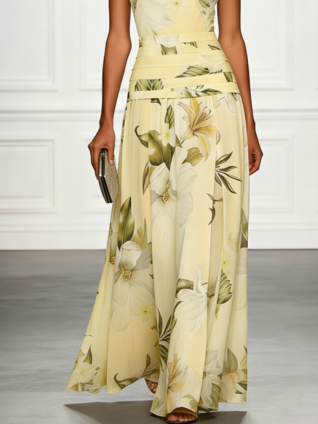 Robe longue fleurie invitée mariage col bateau sans manches