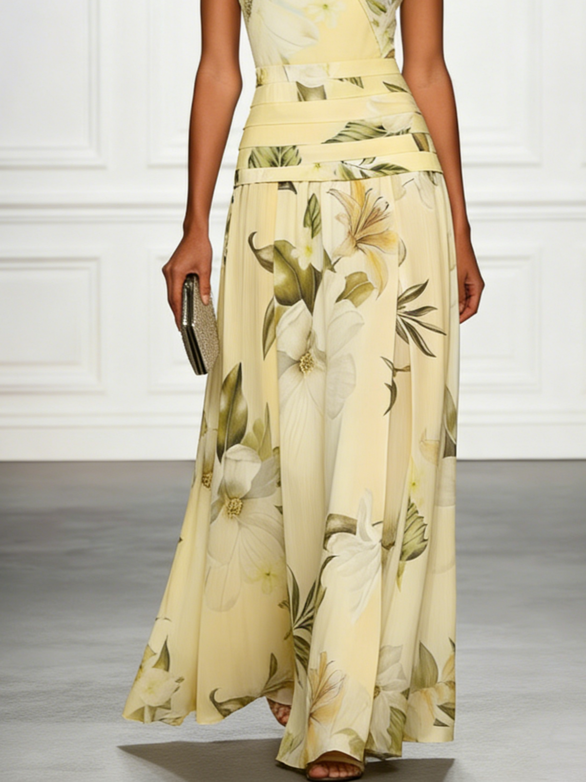 Robe longue fleurie invitée mariage col bateau sans manches