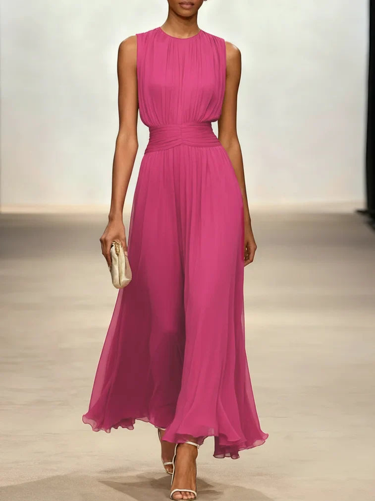 Robe longue mousseline sans manches col rond invitée mariage